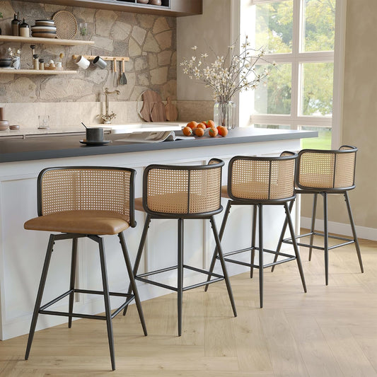 TYBOATLE Swivel Rattan Bar Stools Set of 4, 26” Counter Height Stools with Natural Rattan Woven Back and Faux Leather Seat, Mid-Century Modern Island Chairs Barstools for Kitchen, Brown