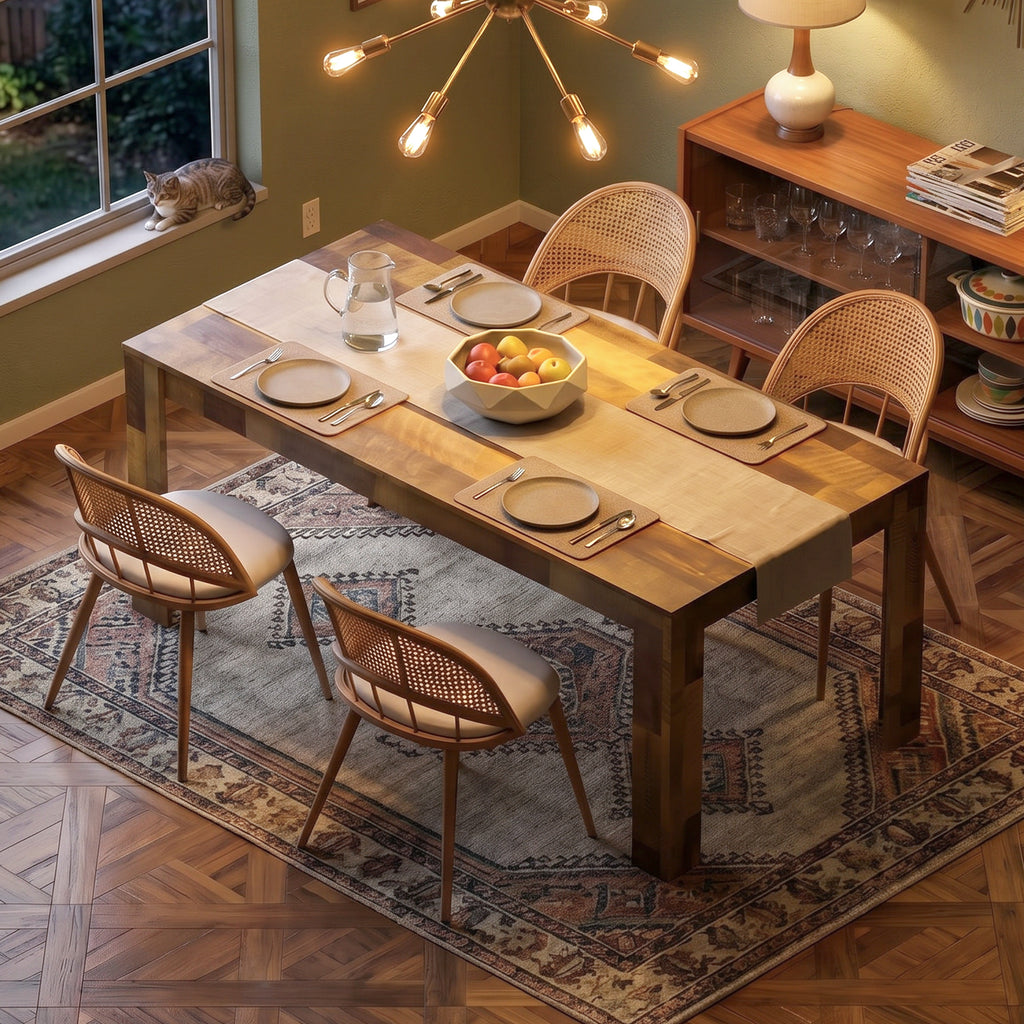 TYBOATLE Farmhouse Dining Table Set for 4, 5 Piece Kitchen Table Set, Wooden Dining Table with 4 Boho Rattan Chairs, MDF Wood Top, Durable Frame, Easy-Clean Surface (Brown-4 Chairs, Wood Leg)