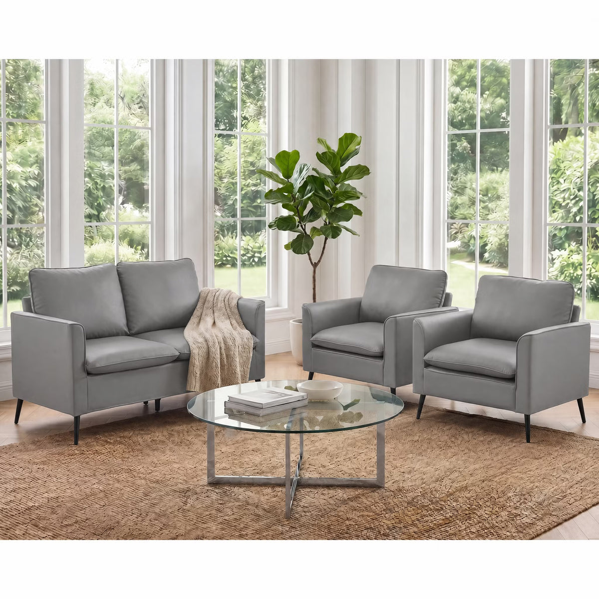 CHYMSUN Faux Leather Love Seat and Accent Chair Set of 2, 2 Seater Couch, Grey