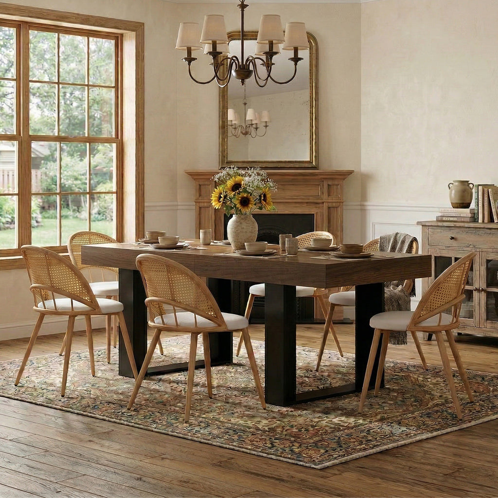 TYBOATLE 71''-87'' Extendable Dining Table Set for 6, Farmhouse Wooden Dining Room Table Set, 7 Piece Dinner Table Set with Upholstered Rattan Dining Chairs (Brown & White, 71''-87''- 6 Chairs)