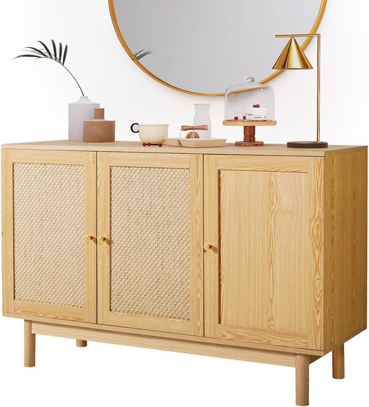 TYBOATLE Storage Cabinet w/ 3 Kraft Woven Rattan Doors, Modern Credenza, Buffet Sideboards, Narrow Console Table, Kitchen Accent Cabinets for Living Room, Hallway, Bedroom, Entryway (Natural)