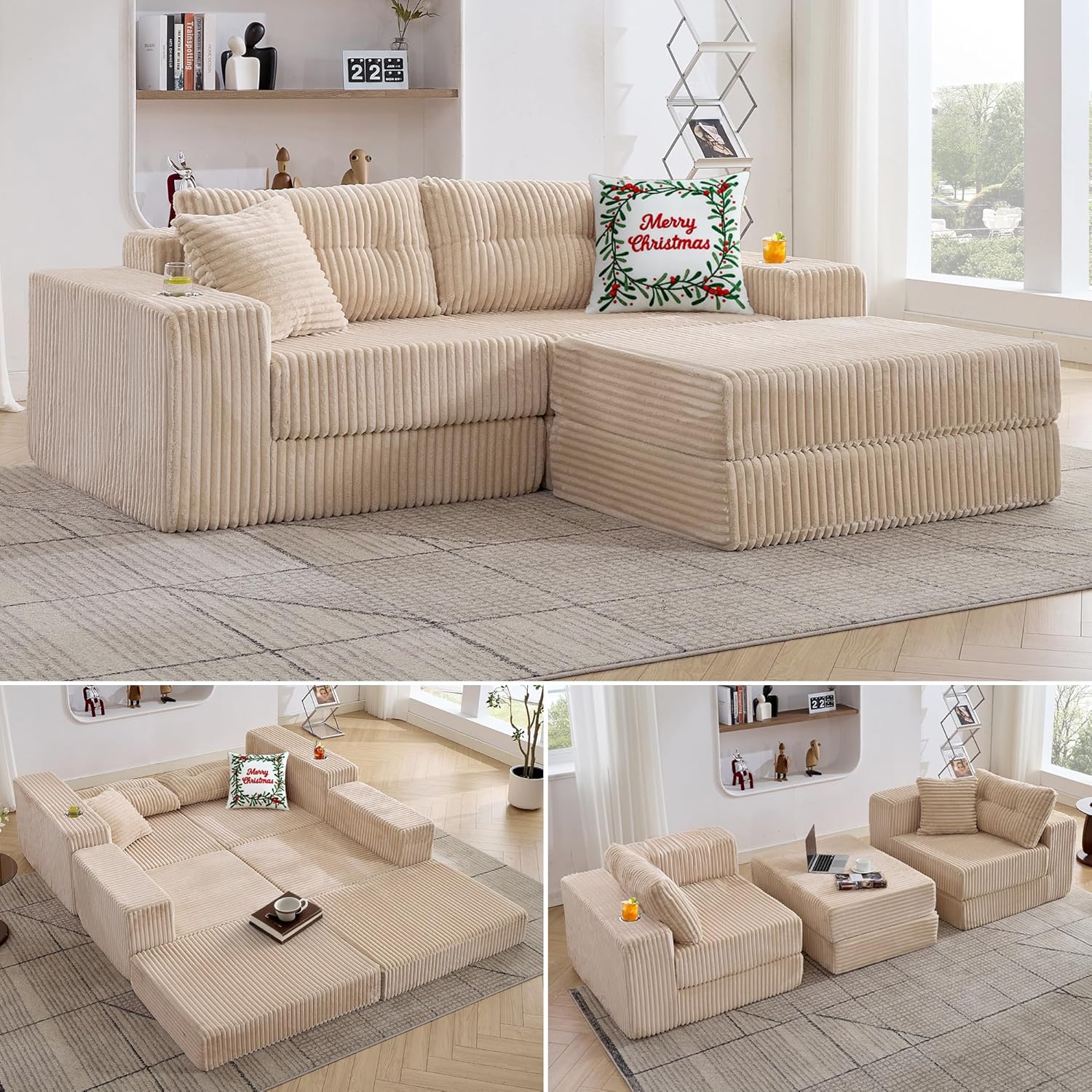 TYBOATLE Modular Cloud Sofa Loveseat with Ottoman, Corduroy Boneless Sectional Foam Couch with Deep Seats, Modern Convertible Sleeper Sofa Bed for Living Room, No Assembly (Cream Beige, 2 Seat)