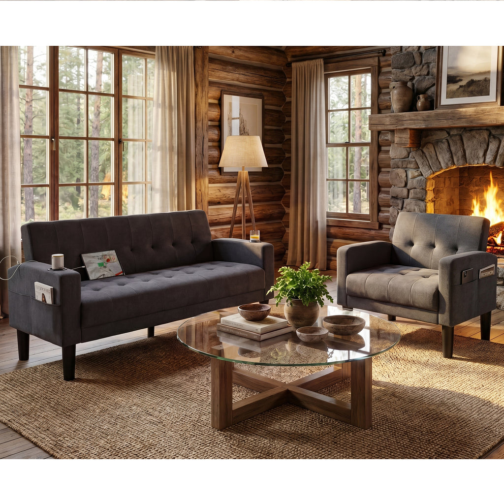 TYBOATLE Dark Grey Couch and Chair Set, 2 Piece Living Room Furniture Set with USB & Type-C Ports, Fabric Loveseat Sofa and Matching Chair with Cup Holders, Modern Couch Set for Small Spaces