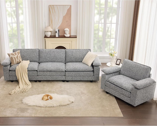 TYBOATLE 122'' Sofa Set for Living Room, Premium Kapok Fiber Sectional Couch with Chairs, Comfy Cloud Couch w/Adjustable Wider Armrest, Deep Seat Upholstered Modular Sofa for Appartment, Grey