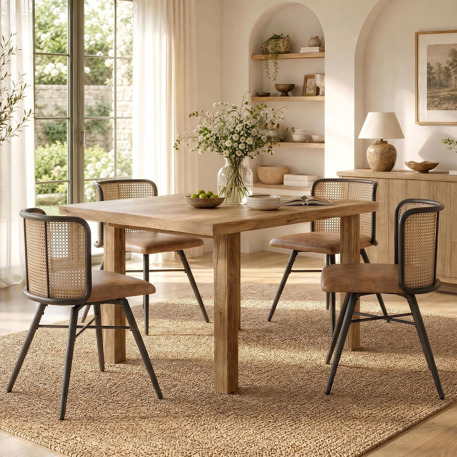 Farmhouse Boho Dining Room Chair with Natural Cane Woven Back and Faux Leather Seat, Mid-Century Modern Kithchen Chairs for Dining Table (4, Brown)