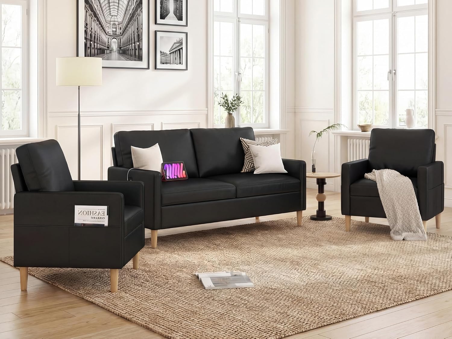 TYBOATLE Black Faux Leather Loveseat Sofa and Accent Chair Set of 2 (3) | 3 Piece Living Room Set, Mid-Century Modern, Side Pockets & USB, Office, Small Space, Bedroom, Apartment