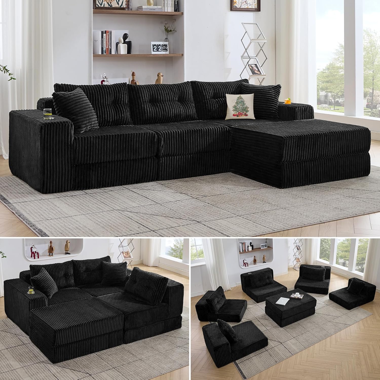 TYBOATLE Modular Sectional Couch, Corduroy Cloud Boneless Foam Sofa Couch with Deep Seats & Cup Holder, Modern Comfy Sleeper Sofa with L-Shape Chaise, No Assembly (Black, 3 Seat)