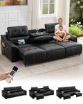 TYBOATLE Electric Reclining Sectional Couch, Power Recliner Sofa w/USB & Type-C Charging Ports and Cup Holders, Leather Reclining Sofa for Living Room, Home Theater (Black)
