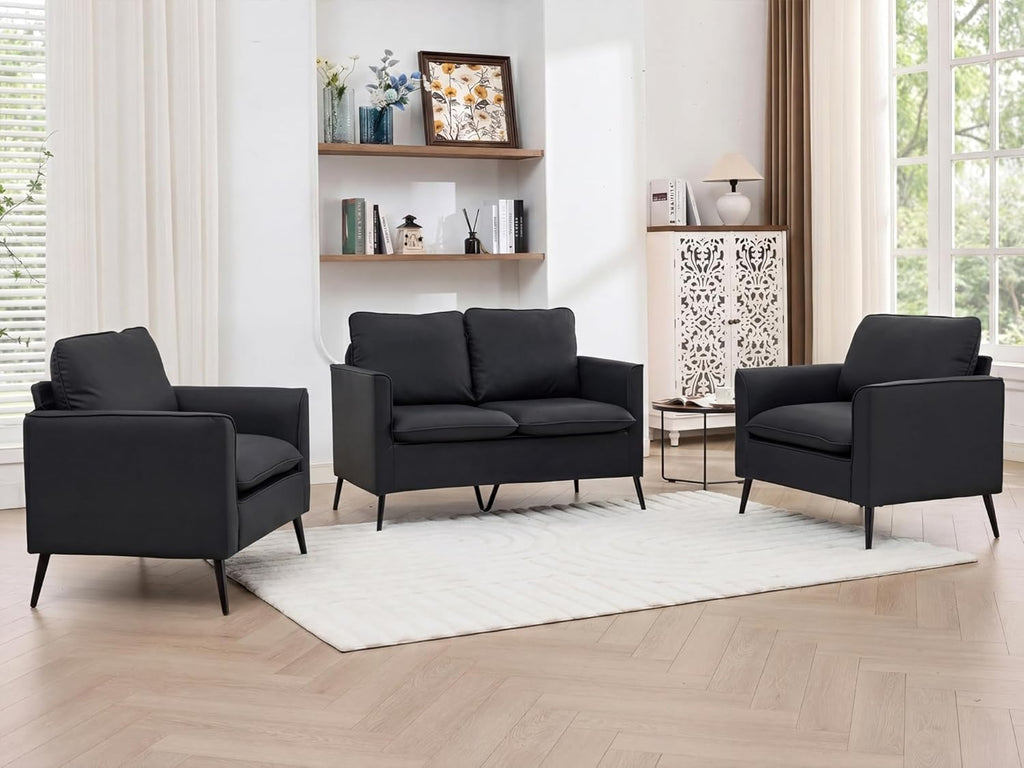 TYBOATLE Faux Leather Loveseat Sofa and Accent Chair Set of 2, Comfy Love Seat Couch and Chair Set, Mid-Century Modern 2 Seat Couches for Small Spaces, 3 Pieces Living Room Furniture Sets (Black, 3)