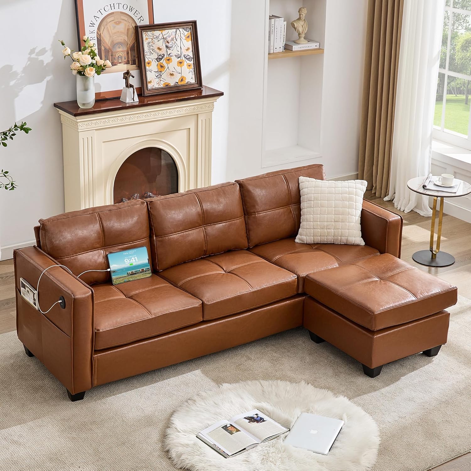 TYBOATLE 88" W Brown Faux Leather Sofa Couch L Shaped Sectional Couches for Living Room, Comfy Modular Convertible Sofas w/USB, Home Office Sofa Set with Chaise for Bedroom Small Space