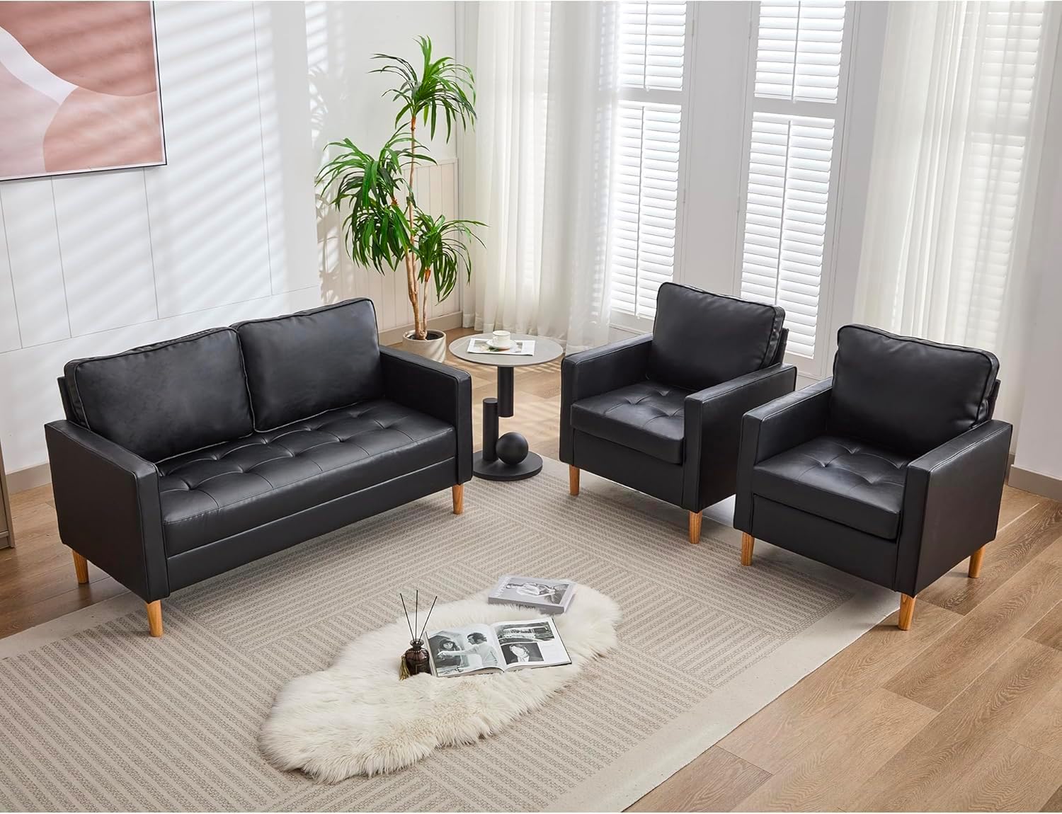 TYBOATLE 57" Small Black Faux Leather Sofa Couches, 3 Piece Living Room Set, Mid-Century Modern Tufted Comfy Loveseat, 2 Seater Office Couch Love Seat for Small Space Bedroom Drom Apartment Playroom