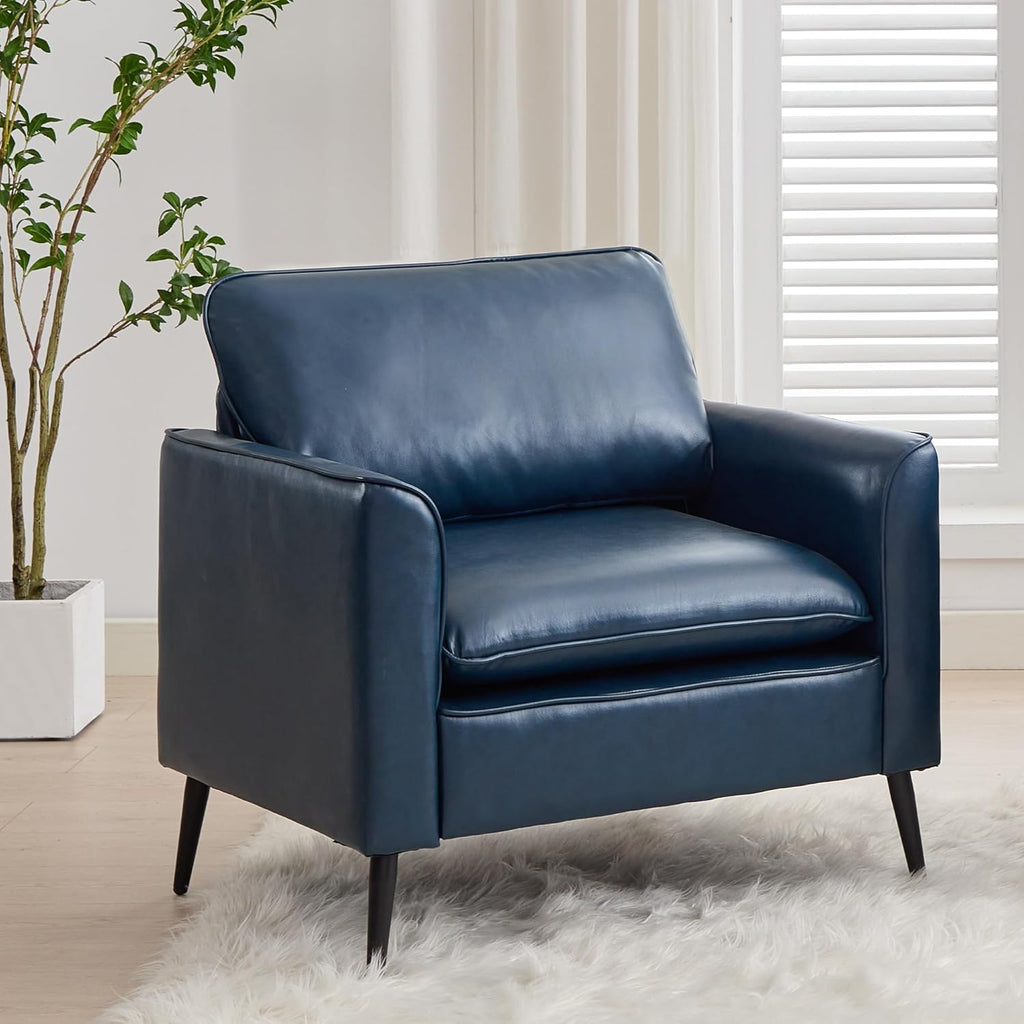 TYBOATLE Accent Chair, Faux Leather Chairs, Mid Century Modern Comfy Living Room Chairs, Cozy Office Reading Chair, Reception Armchairs for Bedroom, Office, Waiting Room (Blue)