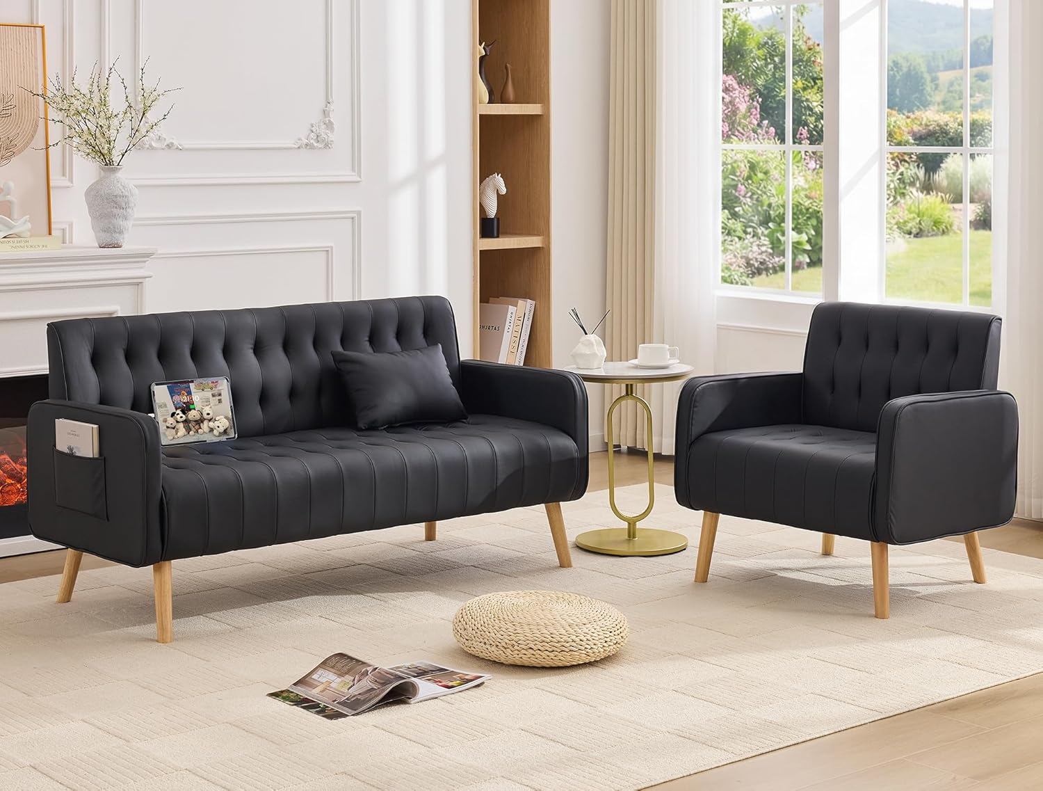 TYBOATLE Faux Leather Loveseat and Accent Chair, Mid-Century Modern Tufted Small Love Seat Couch and Chair Set with USB & Pockets, 2 Pieces Living Room Furniture Sets for Living Room (Black, 2)