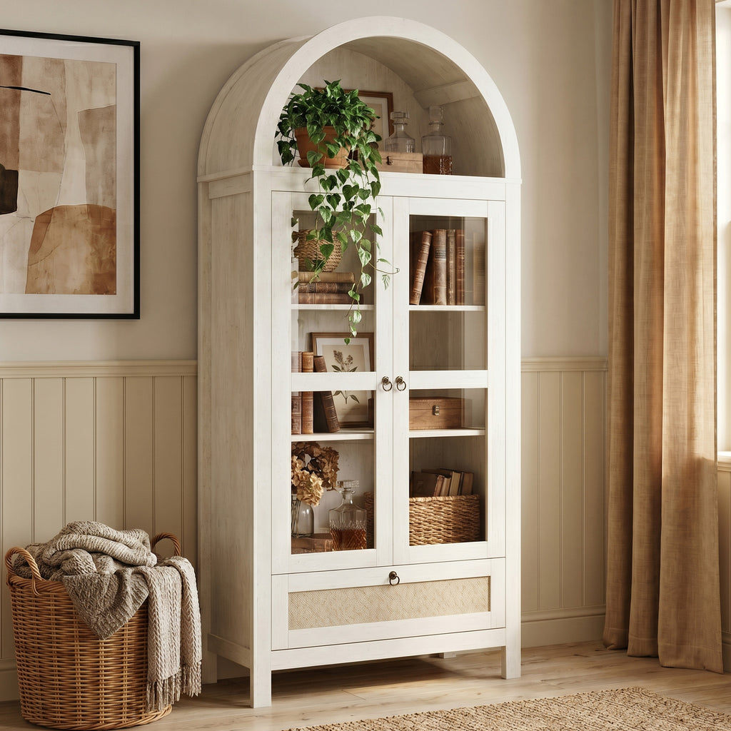 71'' Arched Pantry Cabinet, Arch Storage Cabinet w/Glass Door for Kitchen | Storage Cabinet with Innovative Drawer, Anti-Tip Device, Versatile Cupboard for Dining Room, Bathroom, Lobby, White
