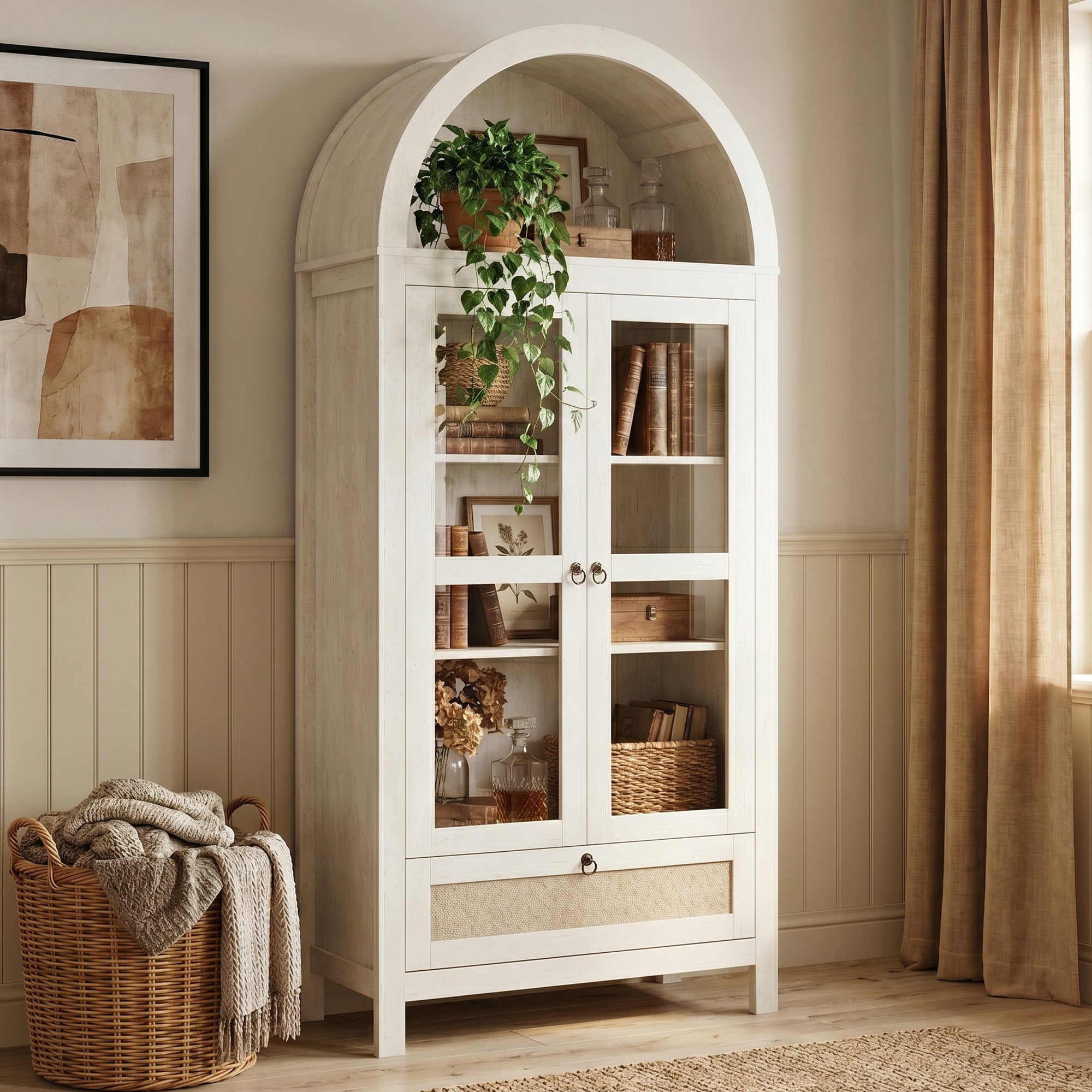 71'' Arched Pantry Cabinet, Arch Storage Cabinet w/Glass Door for Kitchen | Storage Cabinet with Innovative Drawer, Anti-Tip Device, Versatile Cupboard for Dining Room, Bathroom, Lobby, White