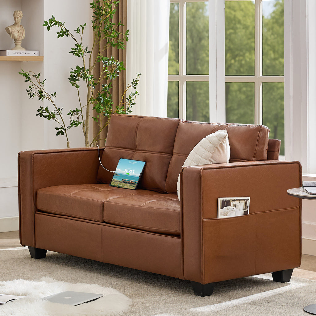 TYBOATLE 65" Faux Leather Sofa Couches for Living Room, Mid-Century Modern Tufted Comfy Loveseat w/USB Charging Ports and Wide Arms, 2 Seater Office Small Couch for Small Space Bedroom, Brown 2 Seater