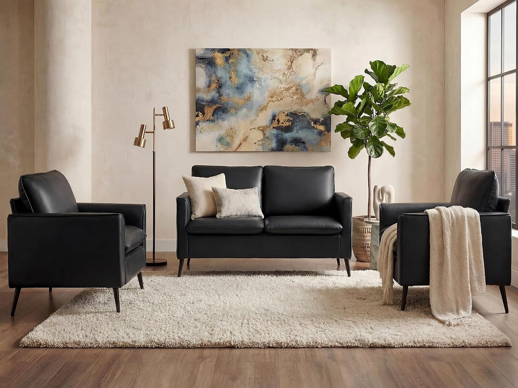 TYBOATLE Faux Leather Loveseat and Accent Chair Set of 2, Comfy Love Seat Sofa and Chair Set, Mid-Century Modern 2 Seat Couches for Small Spaces, 3 Pieces Living Room Furniture Sets (3, Black)