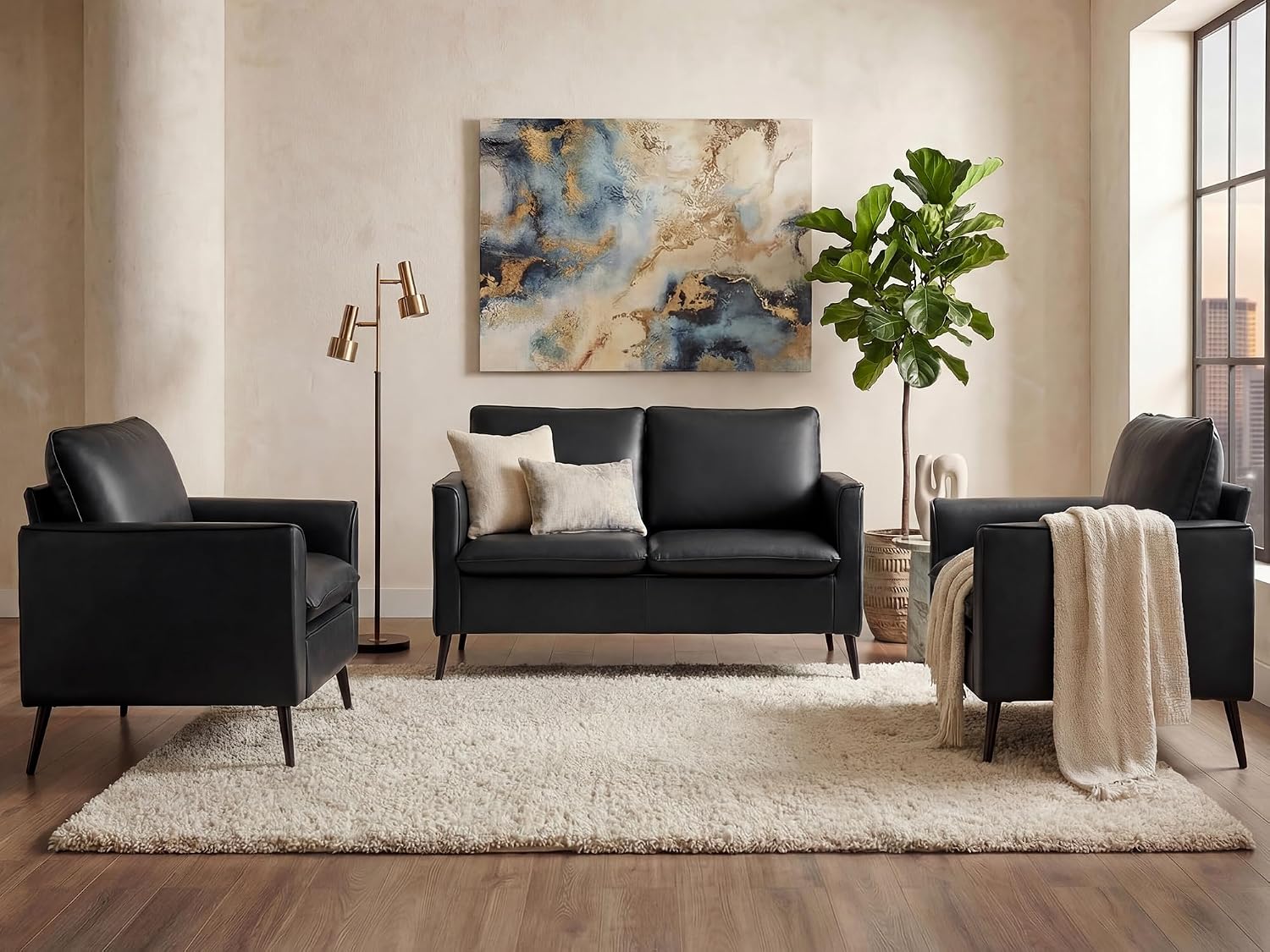 TYBOATLE Faux Leather Loveseat and Accent Chair Set of 2, Comfy Love Seat Sofa and Chair Set, Mid-Century Modern 2 Seat Couches for Small Spaces, 3 Pieces Living Room Furniture Sets (3, Black)