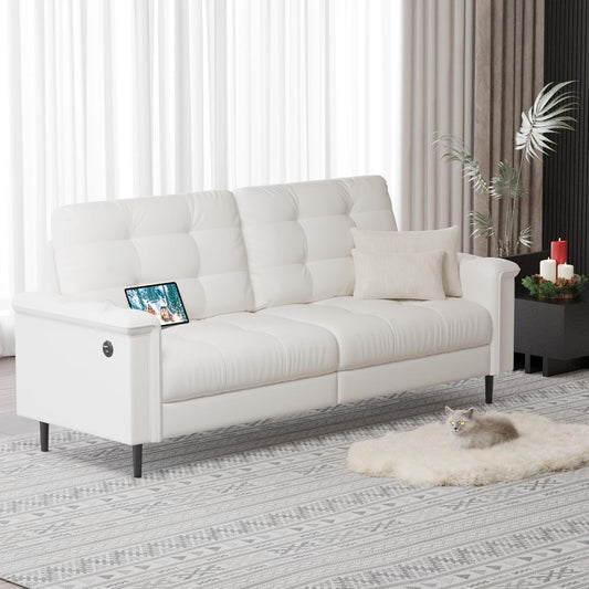 TYBOATLE 85" W White Faux Leather Sofa Couches for Living Room, Mid-Century Modern Tufted Comfy Small Loveseat w/USB and Wide Arms, 2/3 Seater Office Couch for Small Space Apartment Bedroom Furniture