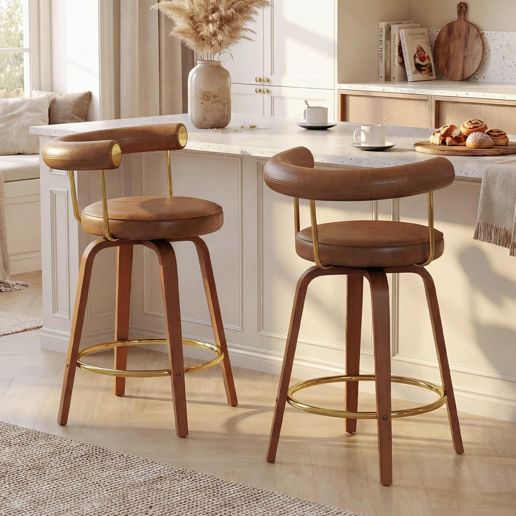 TYBOATLE Swivel Bar Stools Set of 2, Counter Height Bar Stools with Bent Wood Legs and Back, Mid-Century Modern Faux Leather Bar Chairs Island Barstools for Kitchen (2, Brown)