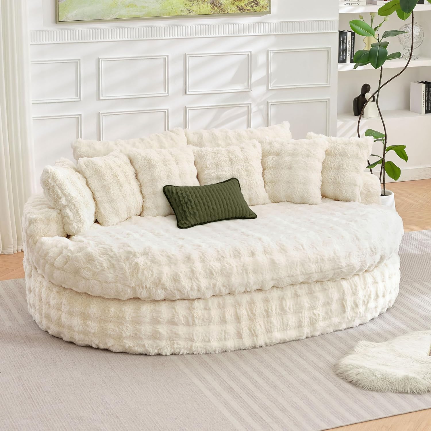 TYBOATLE 83’’ Oversized Round Boneless Couch w/Deep Seat, Round Memory Foam Couch, Comfy Fluffy Plush Bubble Sofa w/Double Cushion, Circle Bed for Livingroom, Bedroom (Beige)