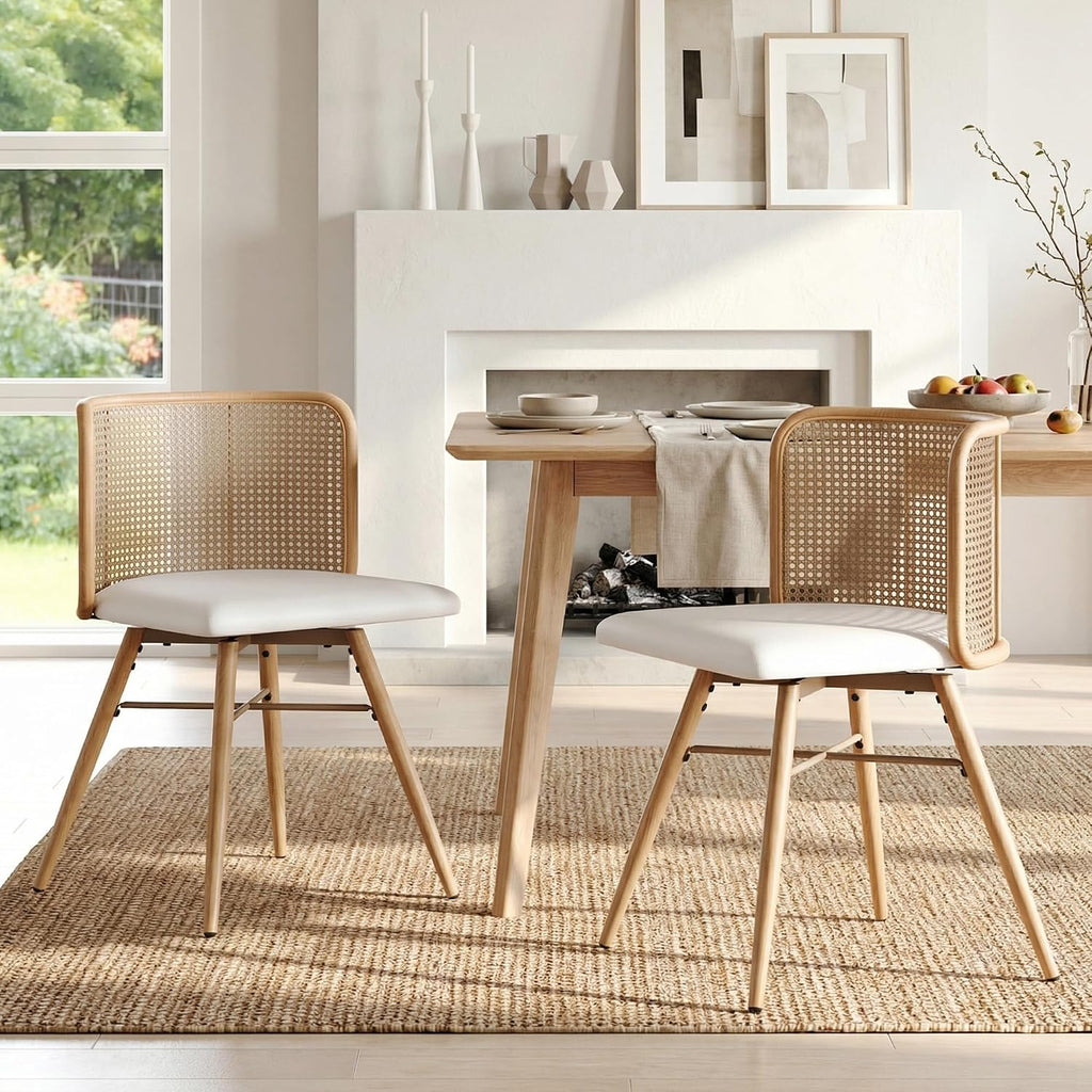 TYBOATLE Rattan Dining Chairs Set of 2, Farmhouse Boho Dining Room Chair with Natural Cane Woven Back and Faux Leather Seat, Mid-Century Modern Kithchen Chairs (2, Cream White)