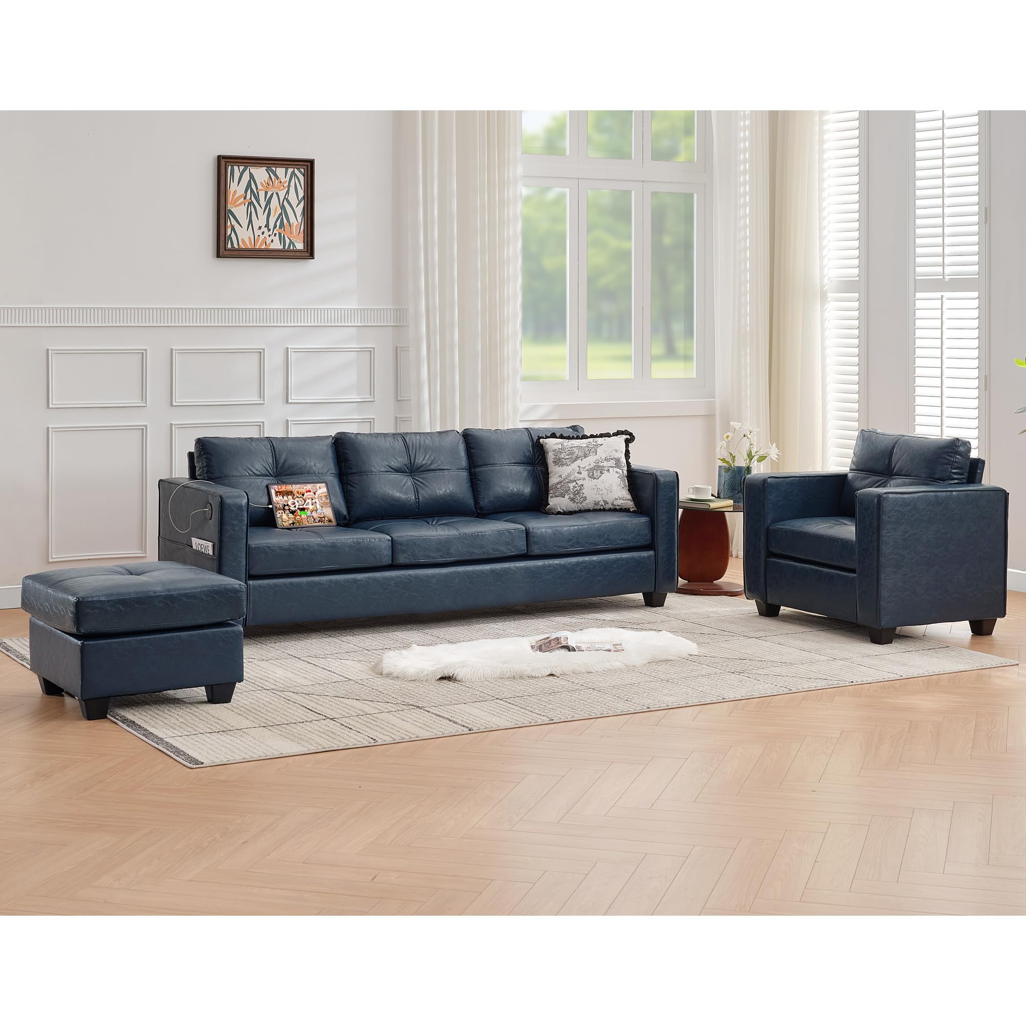 TYBOATLE Blue Leather Sofa Sectional Couches for Living Room, Comfy L Shaped Sofas with USB & Ottoman, Home Office, 3 Piece Living Room Furniture Set with Chaise for RV Apartment Bedroom