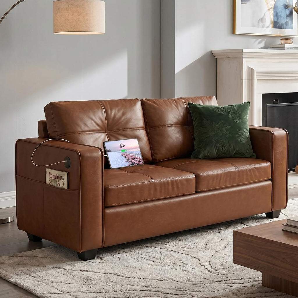 TYBOATLE 65" Faux Leather Love Seat Sofa for Living Room, Modern Tufted Comfy Loveseat w/USB Charging Ports and Wide Arms, 2 Seater Office Small Couch for Small Space Bedroom, Brown