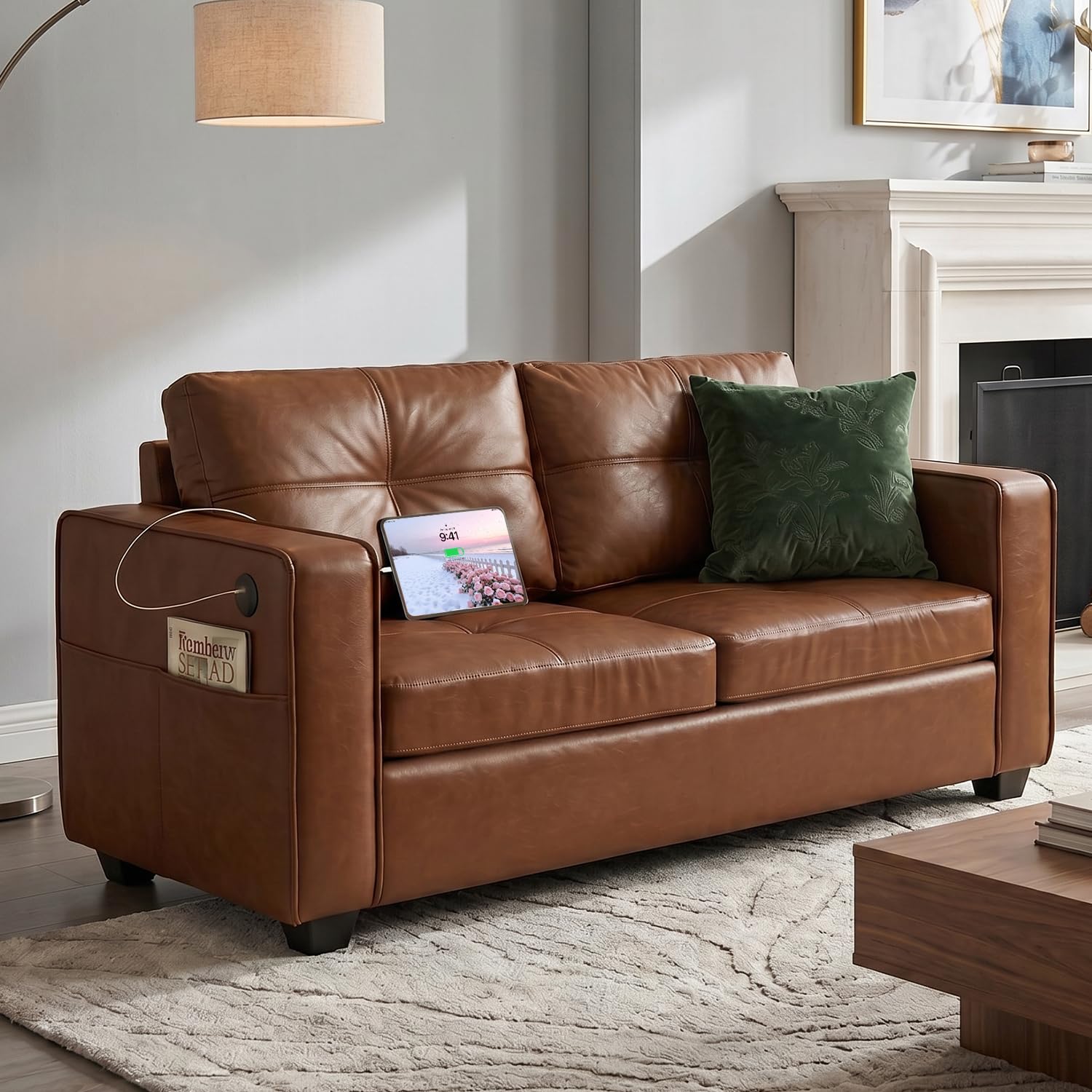 TYBOATLE 65" Faux Leather Love Seat Sofa for Living Room, Modern Tufted Comfy Loveseat w/USB Charging Ports and Wide Arms, 2 Seater Office Small Couch for Small Space Bedroom, Brown