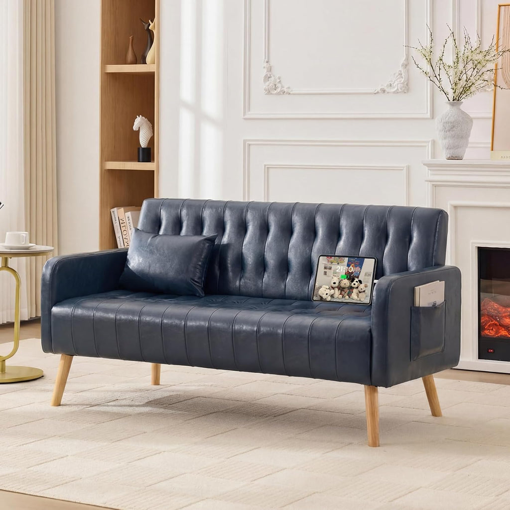 TYBOATLE 57" Faux Leather Loveseat Couch, Mid-Century Modern Comfy Office 2 Seater Sofa Couch with USB & Pockets, Small Love Seat Mini Couches for Living Room, Apartment, Bedroom (Blue, 1)