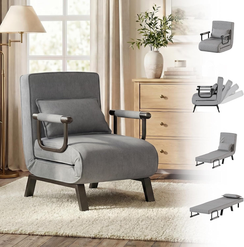 TYBOATLE Sleeper Chair Bed, Comfy Convertible Sleeper Chairs for Adults, 5 in 1 Folding Bed Chair with Adjustable Backrest & Side Pockets & Pillow, Cozy Small Futon Sofa for Small Spaces (Light Grey)
