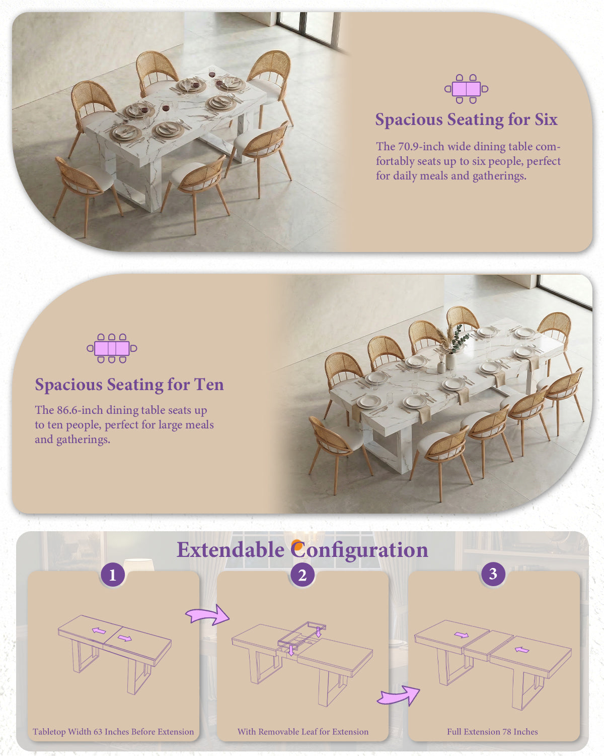 TYBOATLE 71''-87'' Extendable Dining Table Set for 4, Farmhouse Wooden Dining Room Table Set, 5 Piece Dinner Table Set with Upholstered Rattan Dining Chairs (Natural & White, 71''-87''- 4 Chairs)