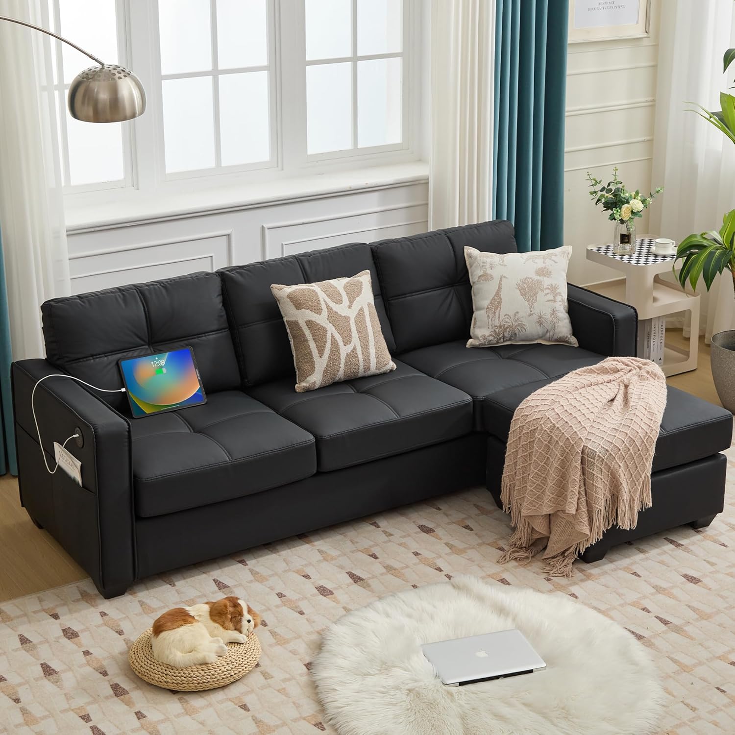 TYBOATLE Black Sofa Couch Sectional Couches for Living Room, Comfy Faux Leather Modular Convertible L Shaped Sofas with USB & Ottoman, Leather Sectional with Side Pockets for RV Apartment Office