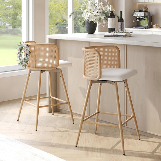TYBOATLE Swivel Rattan Bar Stools Set of 2, 26” Counter Height Stools with Natural Rattan Woven Back and Faux Leather Seat, Mid-Century Modern Island Chairs Barstools for Kitchen, White (2, White)