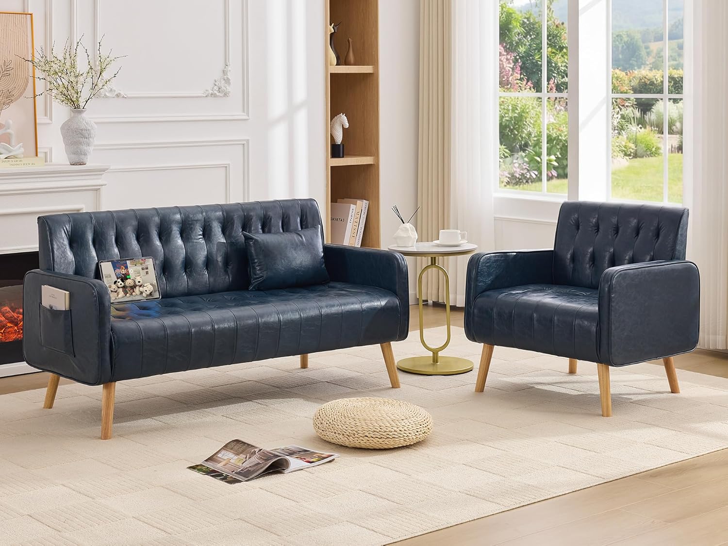 TYBOATLE Faux Leather Loveseat and Accent Chair, Mid-Century Modern Tufted Small Love Seat Couch and Chair Set with USB & Pockets, 2 Pieces Living Room Furniture Sets for Living Room, Office (Blue, 2)