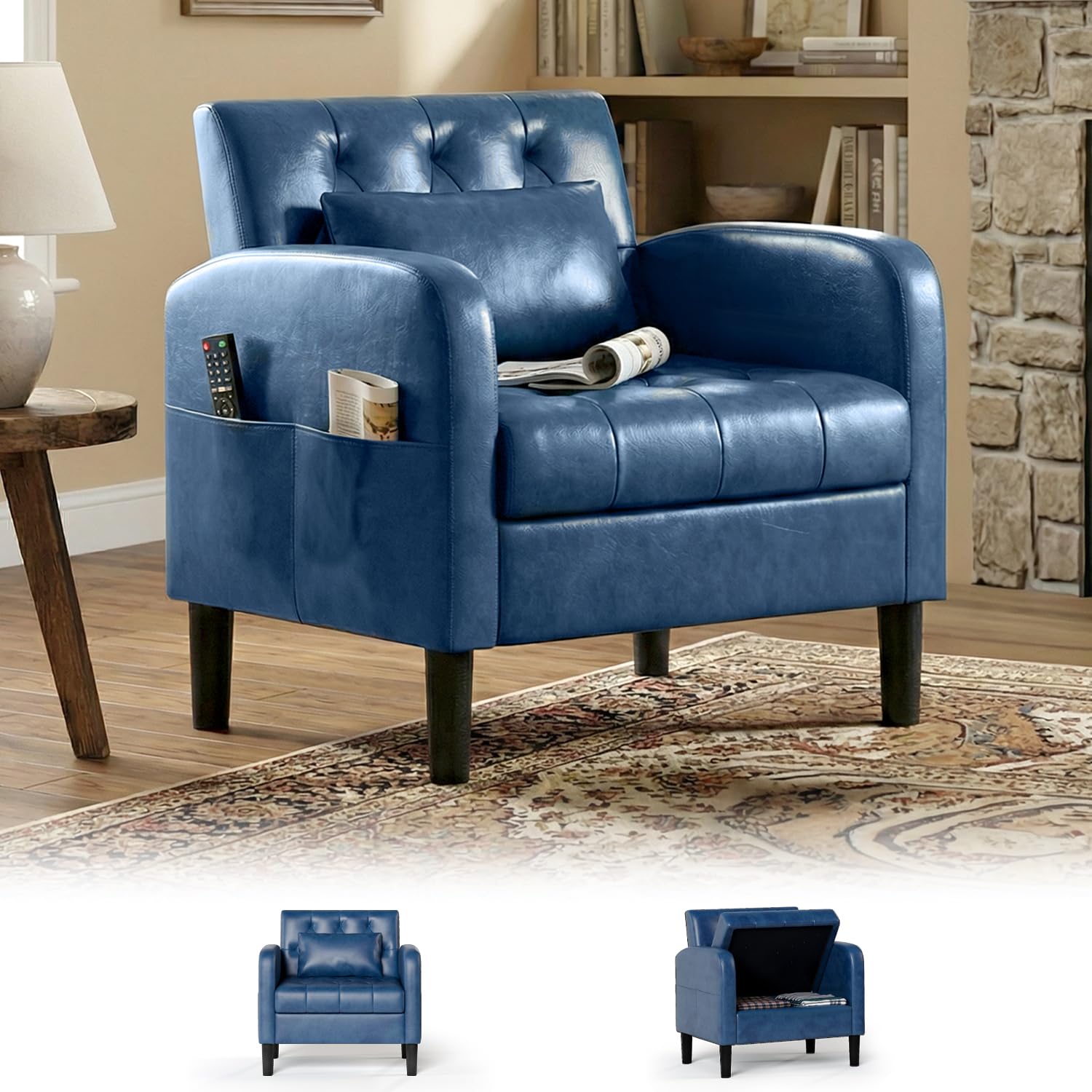 TYBOATLE Leather Accent Chairs w/Storage, Comfy Tufted Armchairs for Living Room, Faux Leather Upholstery Reading Chair for Bedroom, Blue Mid-Century Modern, Office, Waiting Room Chair, Side Pockets