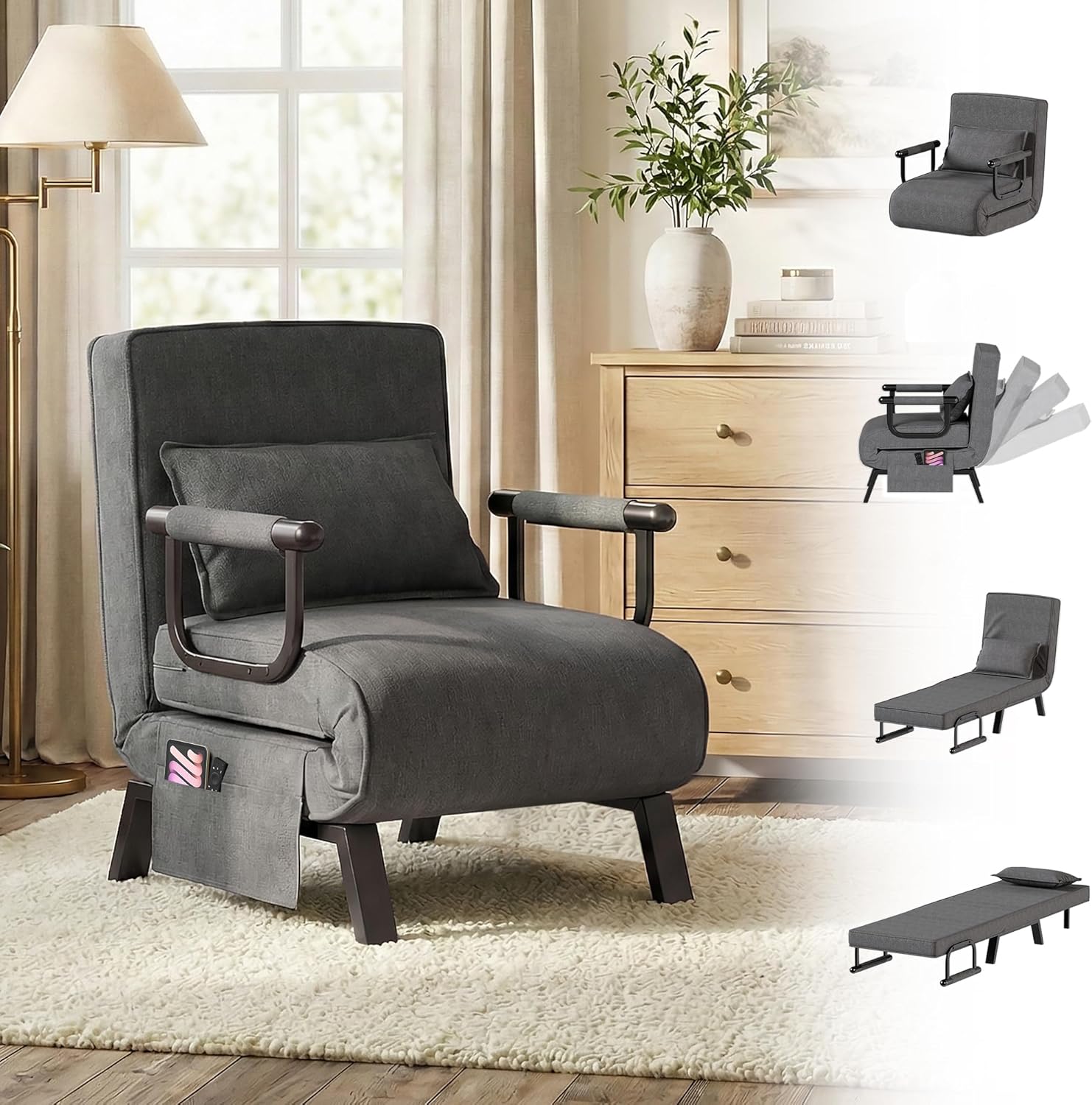TYBOATLE Sleeper Chair Bed, Comfy Convertible Sleeper Futon Chairs for Adults, 5 in 1 Folding Bed Chair with Adjustable Backrest & Side Pockets & Pillow, Cozy Small Sofa for Small Spaces (Dark Grey)