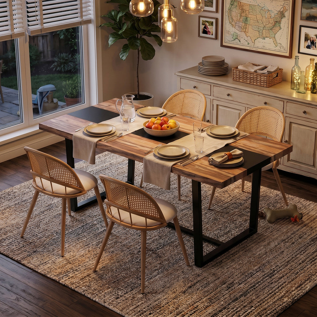 TYBOATLE Farmhouse Dining Table Set for 4, 5 Piece Kitchen Table Set, Wooden Dining Table with 4 Boho Rattan Chairs, MDF Wood Top, Durable Frame, Easy-Clean Surface (Brown-4 Chairs, Metal Leg)
