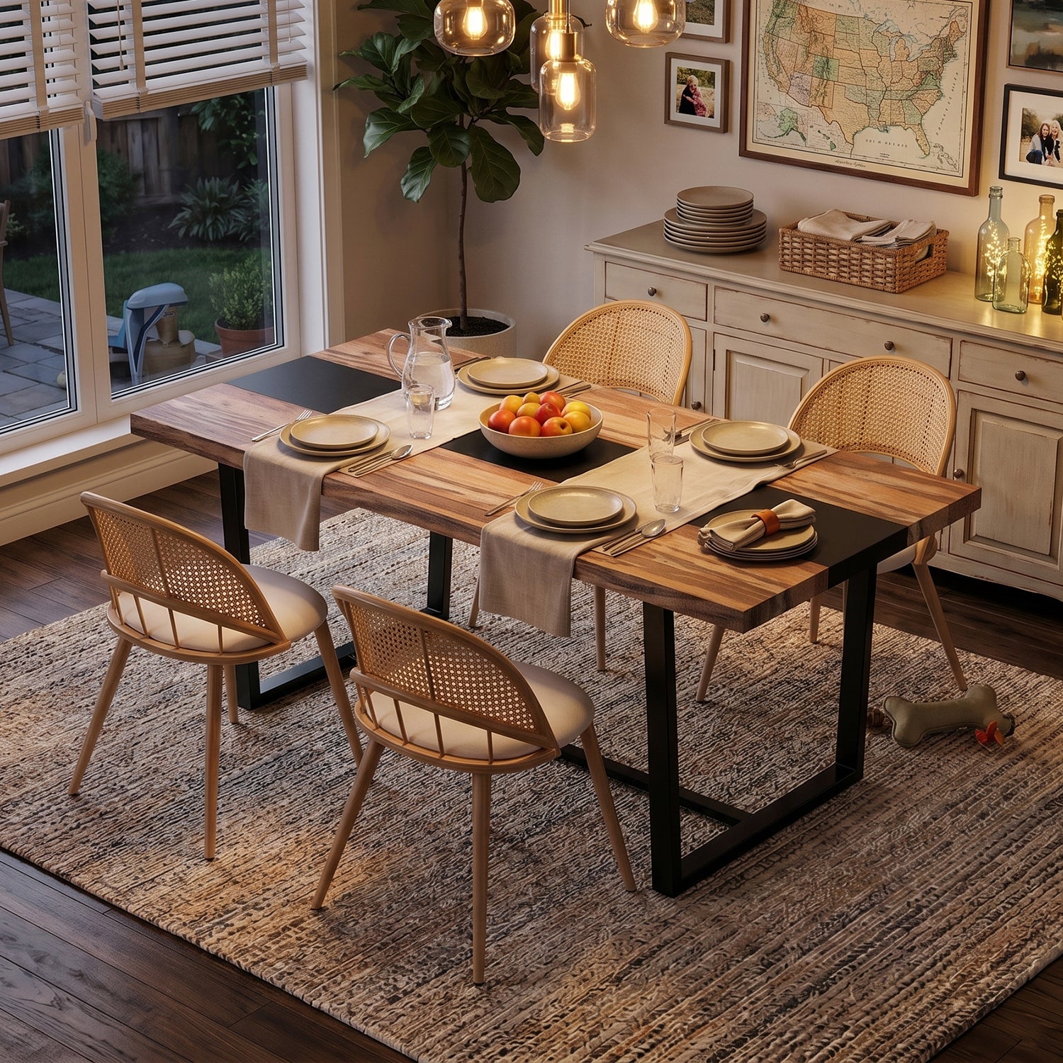 TYBOATLE Farmhouse Dining Table Set for 4, 5 Piece Kitchen Table Set, Wooden Dining Table with 4 Boho Rattan Chairs, MDF Wood Top, Durable Frame, Easy-Clean Surface (Brown-4 Chairs, Metal Leg)