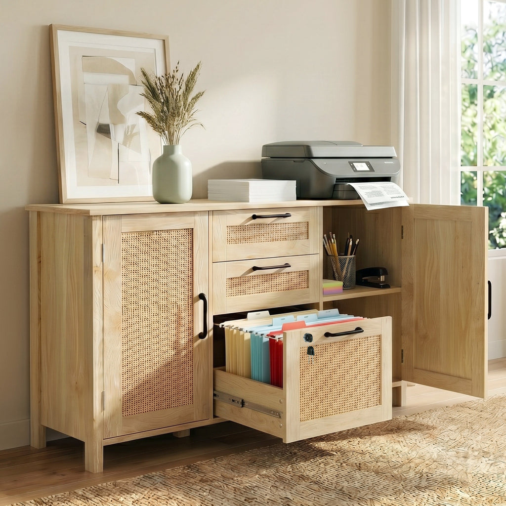 HOPUBUY Lateral File Cabinet with Lock, 3 Drawer and 2 Doors Wood Filing Cabinet for Home Office, Rattan Printer Stand, Adjustable Storage Shelves/Hanging Bars for Letter/Legal/A4, Natural Wood