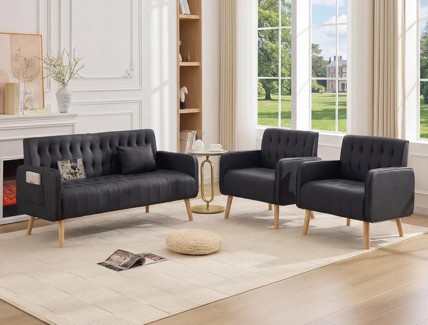 TYBOATLE Black Leather Loveseat and Accent Chair Set of 2, Mid-Century Modern Tufted Small Love Seat Couch and Chair Set with USB & Pockets, 3 Pieces Living Room Furniture Sets (Black, 3)
