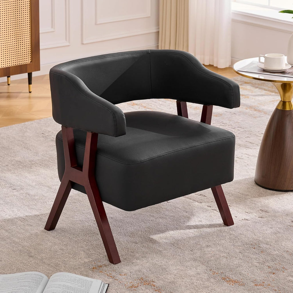 JIASTING Barrel Accent Chairs, Leather Chair with Solid Wood Frame (1, Black)