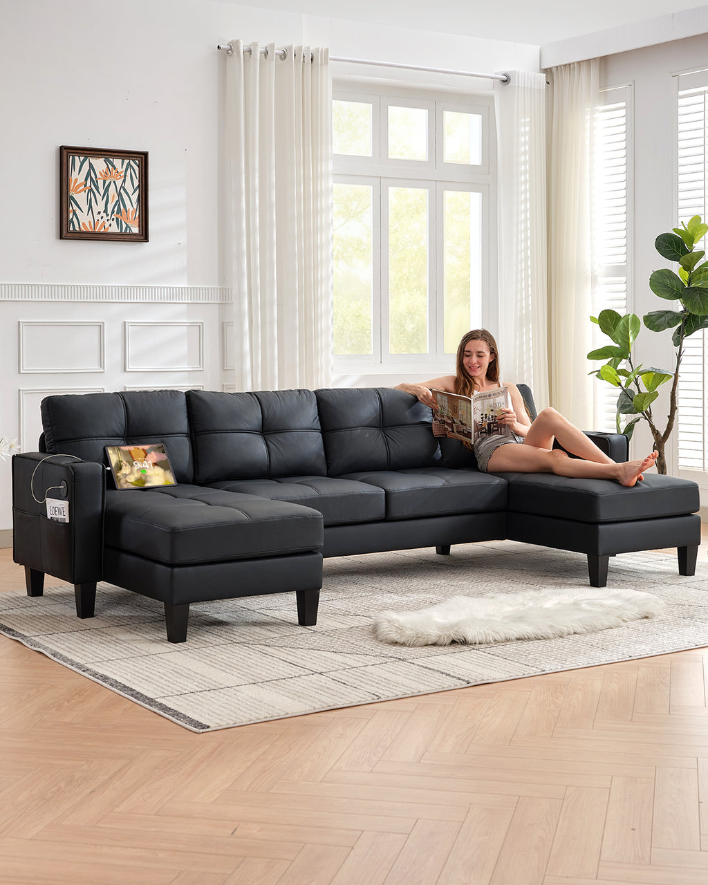 TYBOATLE 116’’ W Black Faux Leather Sectional Couch w/USB and Cup Holders for Living Room, Comfy Tufted U Shaped Modular Convertible Sofa w/Chaise Lounge, Office Leather Sofa for Bedroom