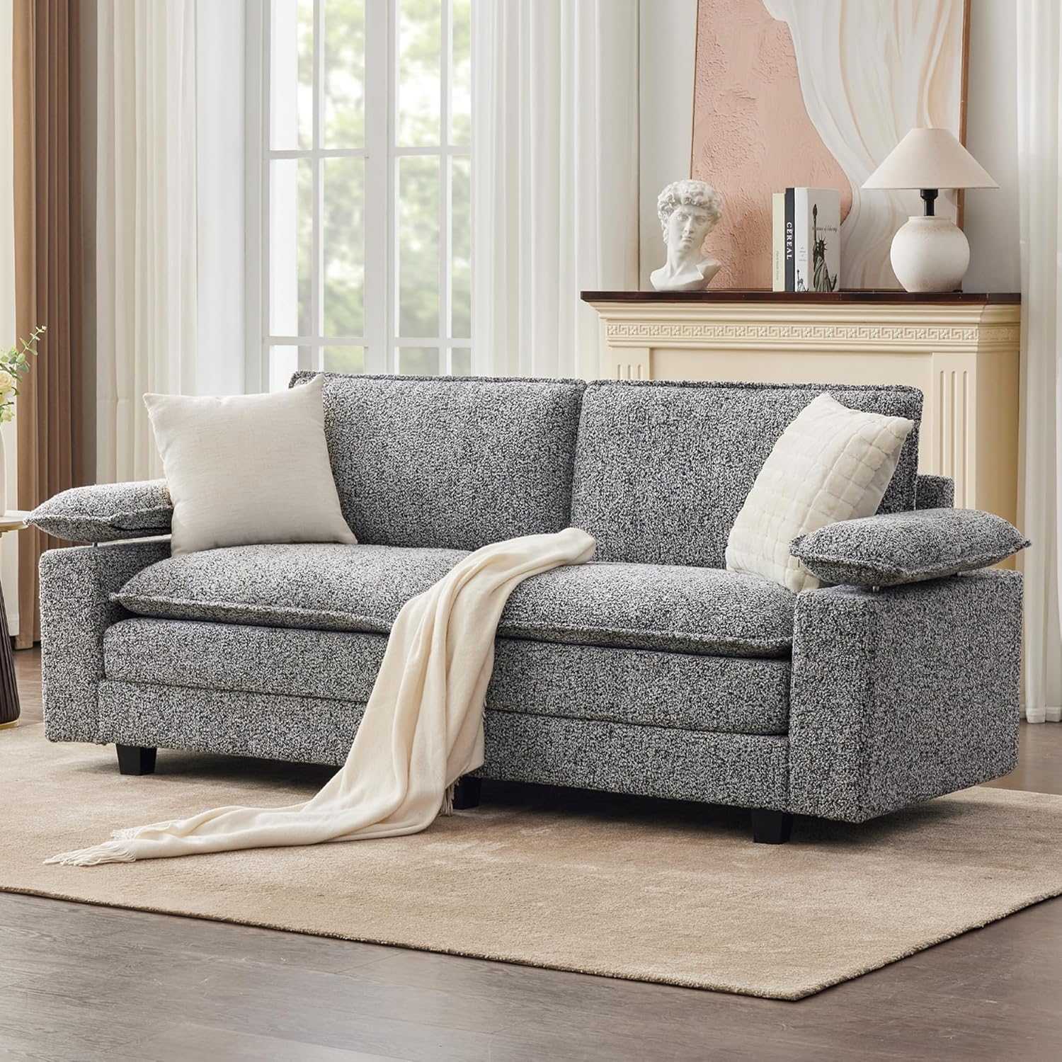 TYBOATLE Large Premium Kapok Fiber Sectional Couch Love Seat, Comfy Cloud Couch w/Adjustable Wider Armrest, Deep Seat Upholstered Modular Sofa for Living Room, Apartment, Grey