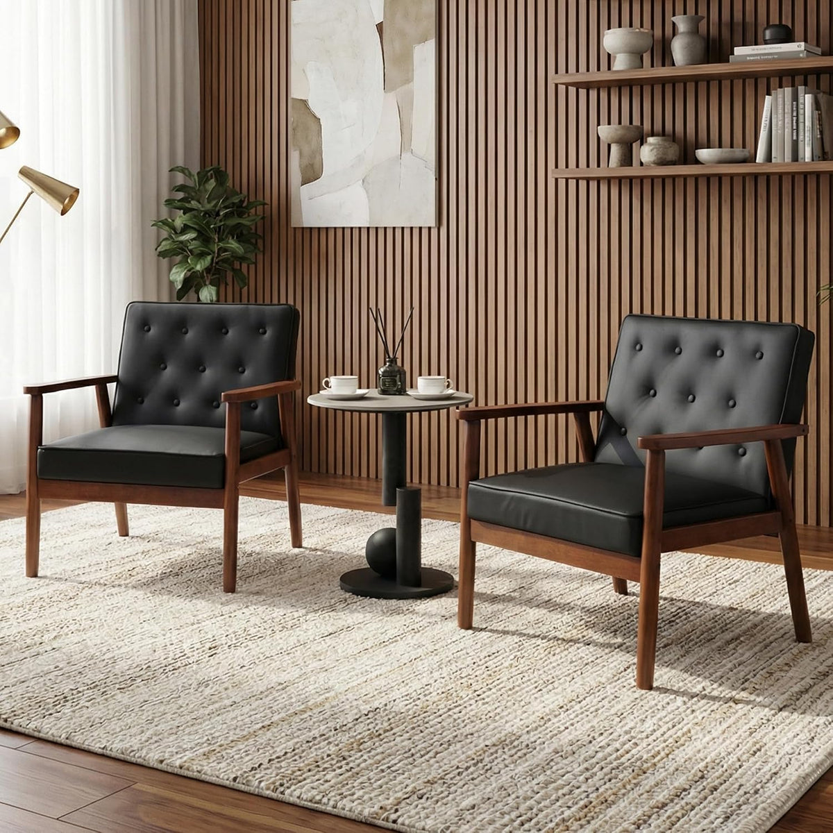 JIASTING Black Accent Chairs Set of 2, Faux Leather Chairs with Solid Wood Armrest