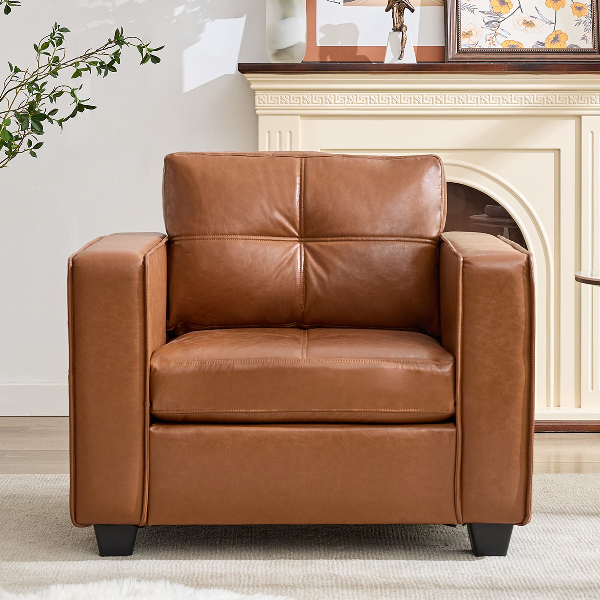 TYBOATLE Brown Faux Leather Accent Chair, Comfy Living Room Chair Reading Oversized Accent Chairs Tufted Mid Century Modern Arm Chair, 38.58" Wide Armchair for Office Bedroom Lobby