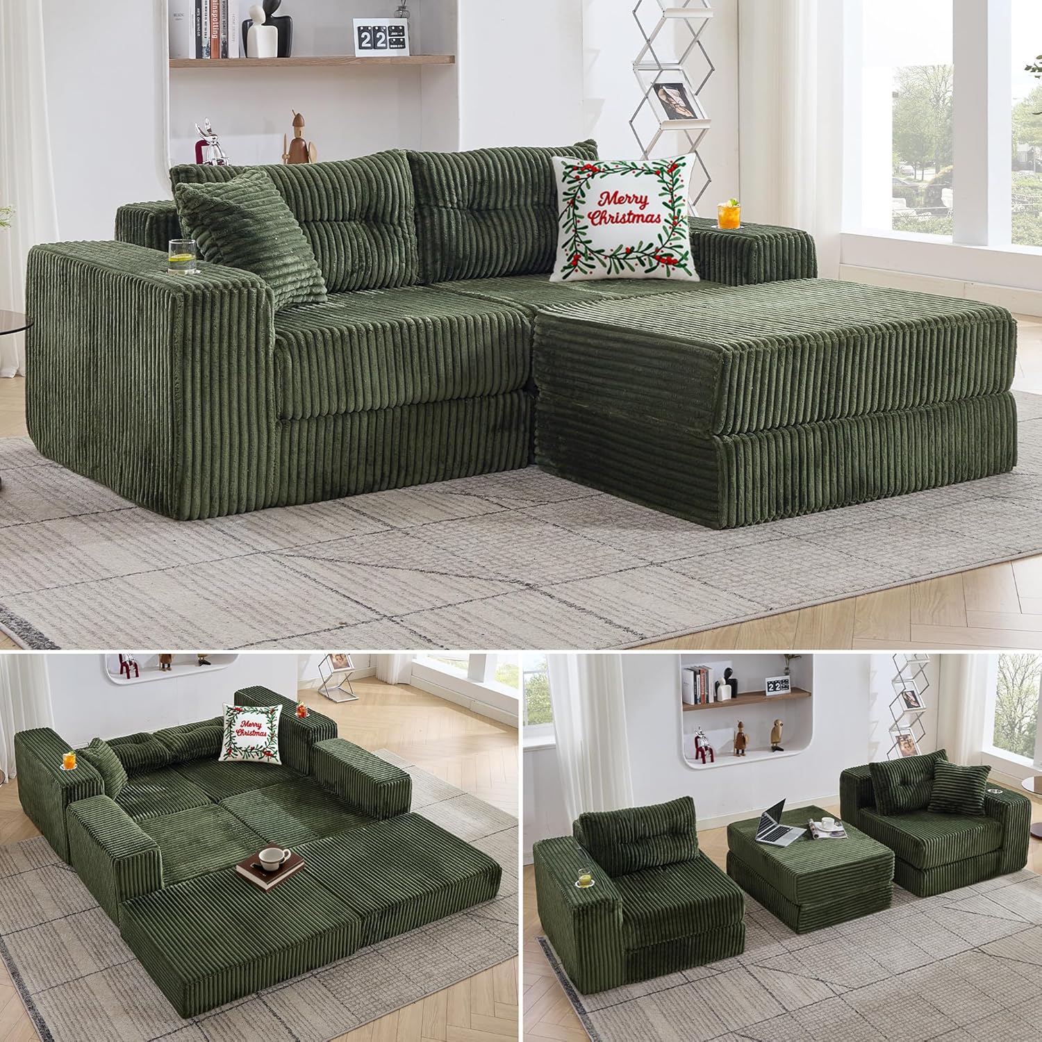 TYBOATLE Modular Cloud Sofa Loveseat with Ottoman, Corduroy Boneless Sectional Foam Couch with Deep Seats, Modern Convertible Sleeper Sofa Bed for Living Room, No Assembly (Forest Green, 2 Seat)