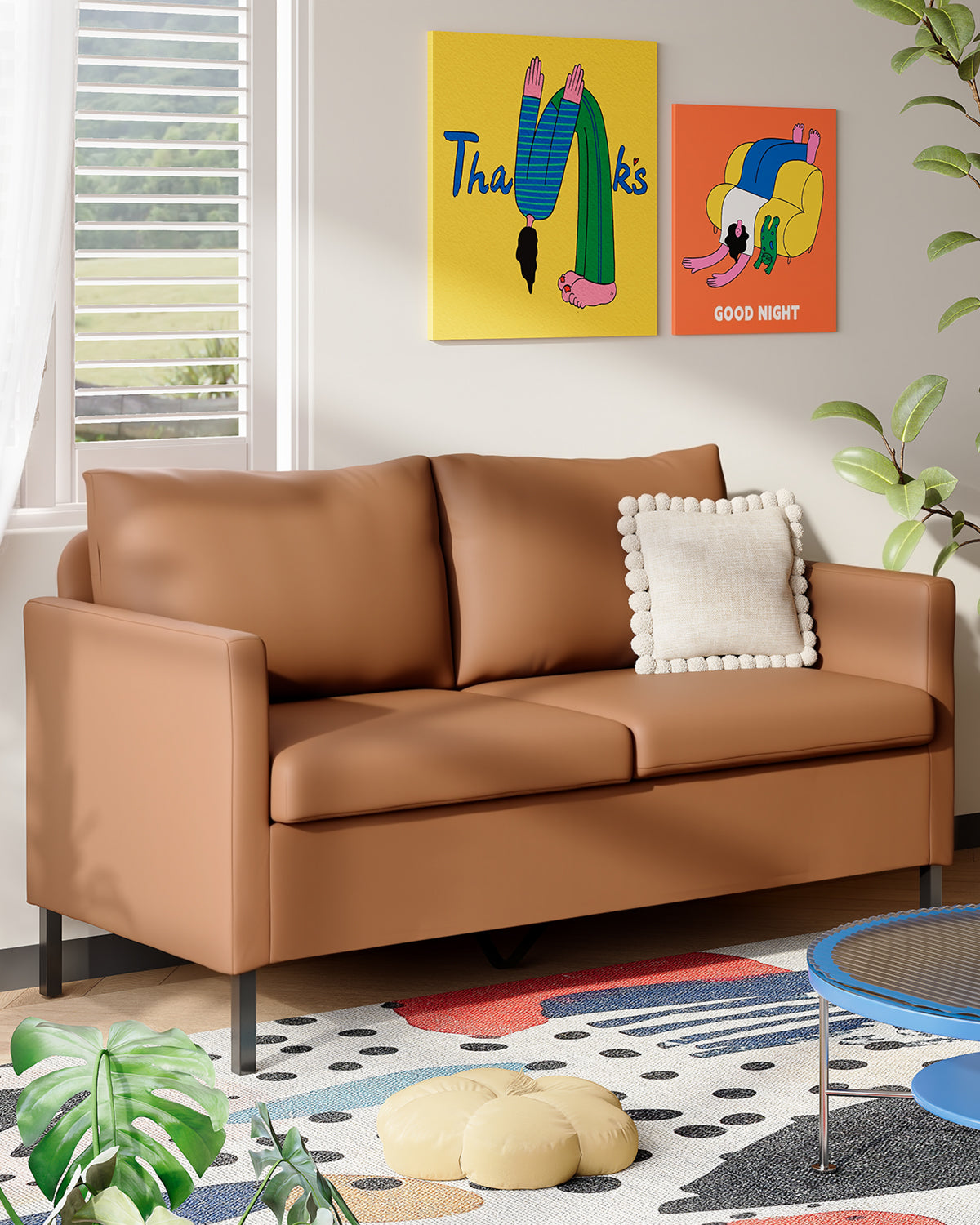 TYBOATLE Modern Faux Leather Small Couches for Small Spaces, Comfy Upholstered Brown Love Seat for Dorm, 2 Seater Mini Couch for Bedroom, Apartment, Office, Brown
