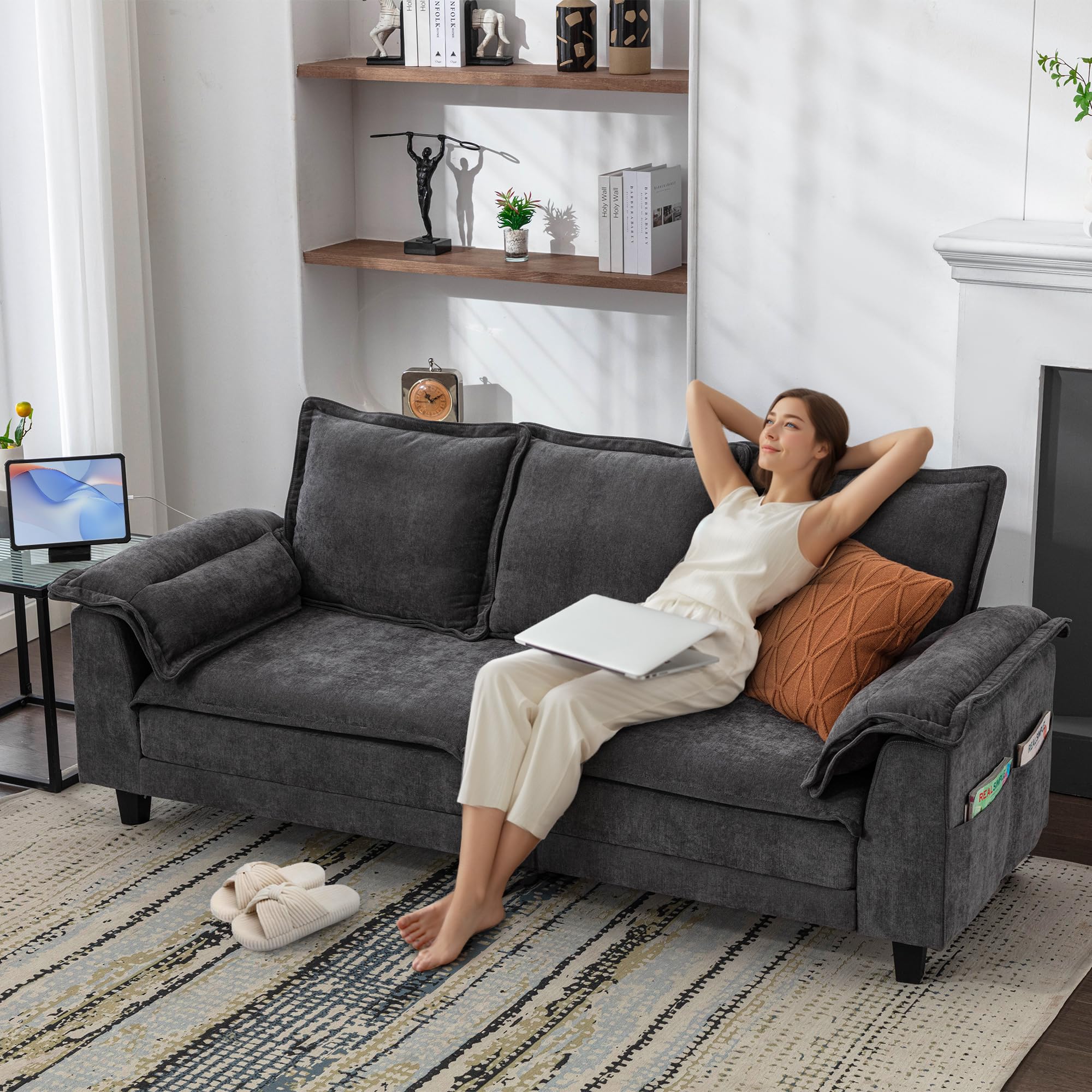 TYBOATLE 85" W Living Room Couch, Comfy Mid-Century Modern Grey Couch w/2 USB Charger & Wide Arms, 3 Seater Sofa w/2 Side Pockets for Apartment, Bedroom, Office