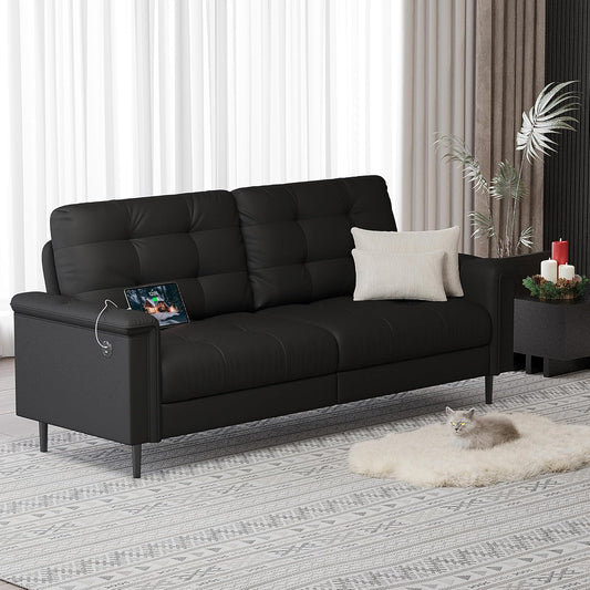 TYBOATLE 85" W Black Faux Leather Sofa Couches for Living Room, Mid-Century Modern Tufted Comfy Small Loveseat w/USB and Wide Arms, 2/3 Seater Office Couch for Small Space Apartment Bedroom Furniture